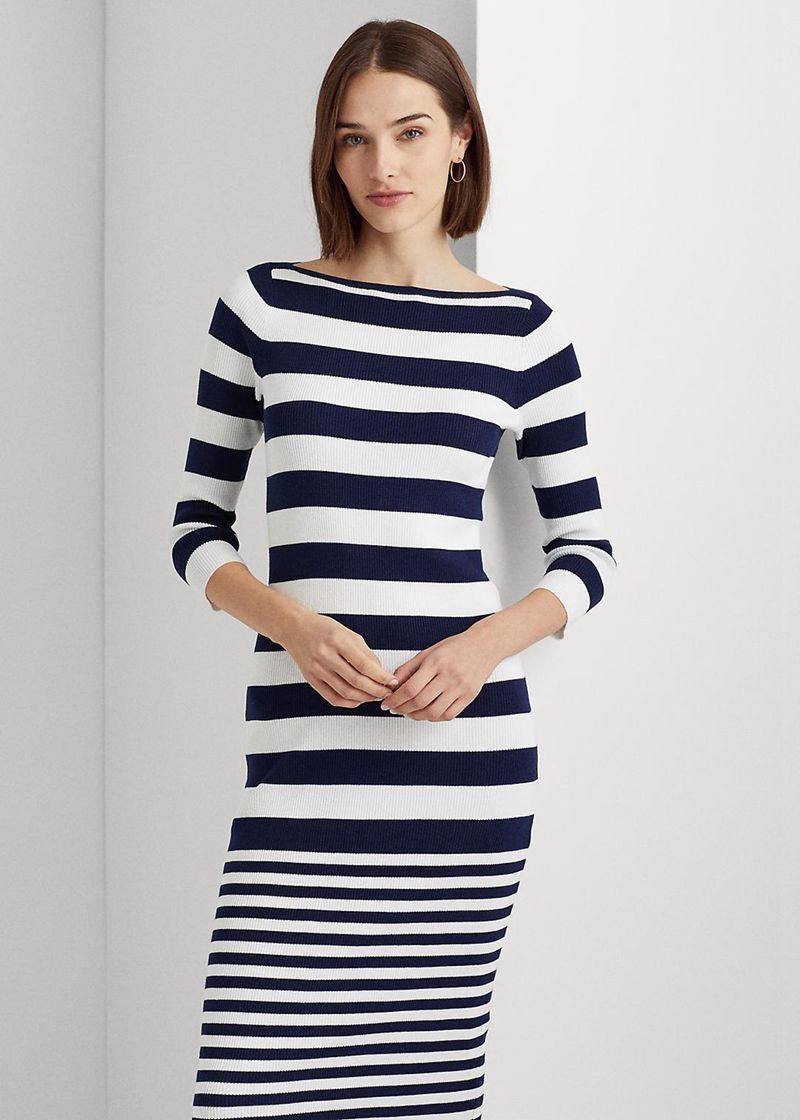 Sukienka Lauren Damska Granatowe W Paski Cotton-Blend 468201-LZN